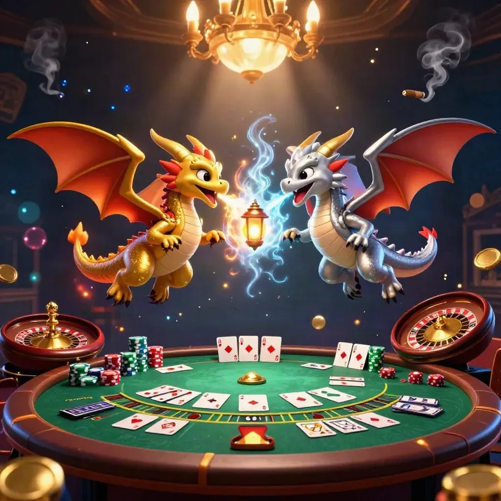 Gold and silver dragons spiral in a luxe casino glow with cards, chips, and a roulette spin.