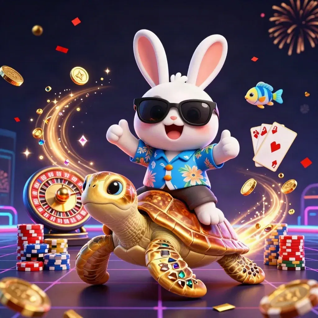 Rabbit on a golden sea turtle with chips, coins, cards, and fireworks in a neon casino scene.