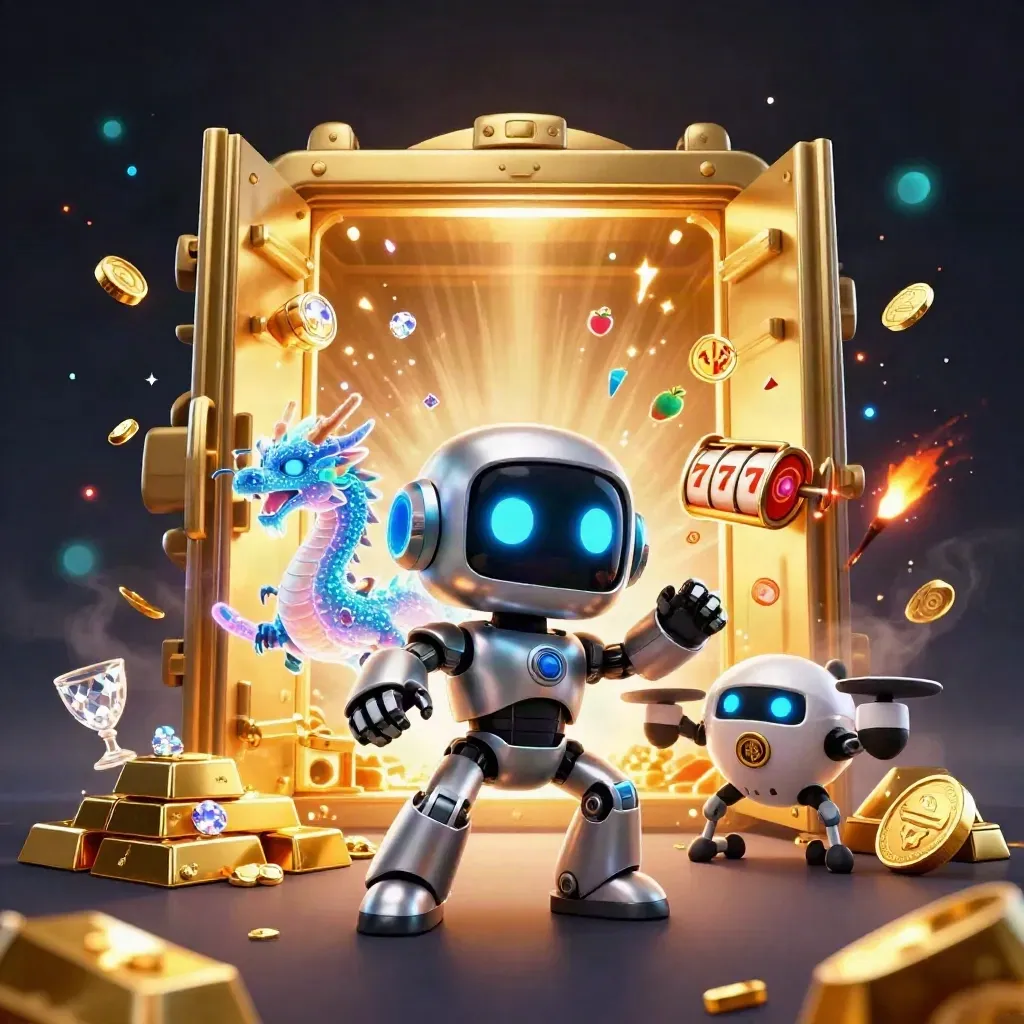Cyberpunk robot, holographic dragon, and coin drone erupt from a gold vault in a dark neon casino scene.