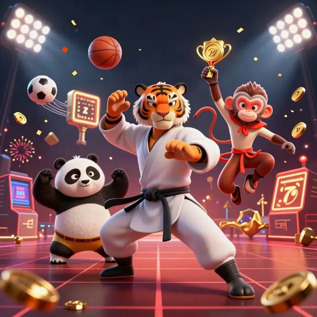 Tiger, panda, and monkey kung-fu heroes with coins, balls, trophy, and casino glow.