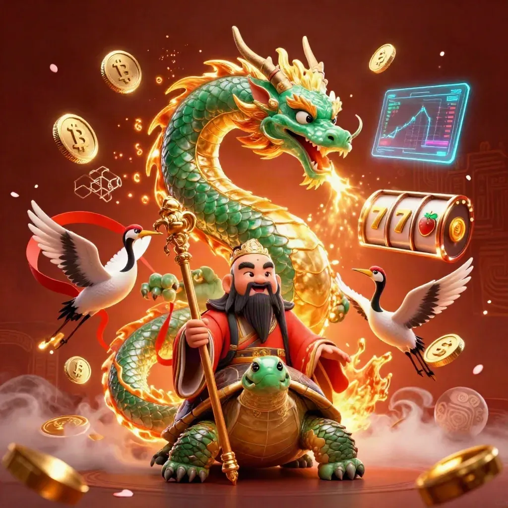 Emerald dragon, turtle sage, and cranes burst with treasure, coins, fire, and casino symbols.