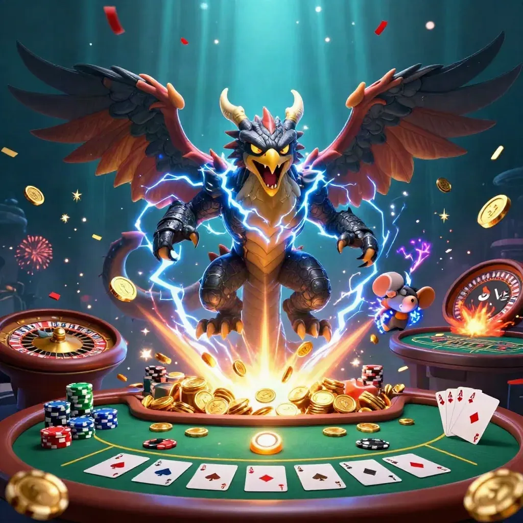 Thunder dragon, hawk, and mouse amid casino loot, cards, coins, and fireworks.