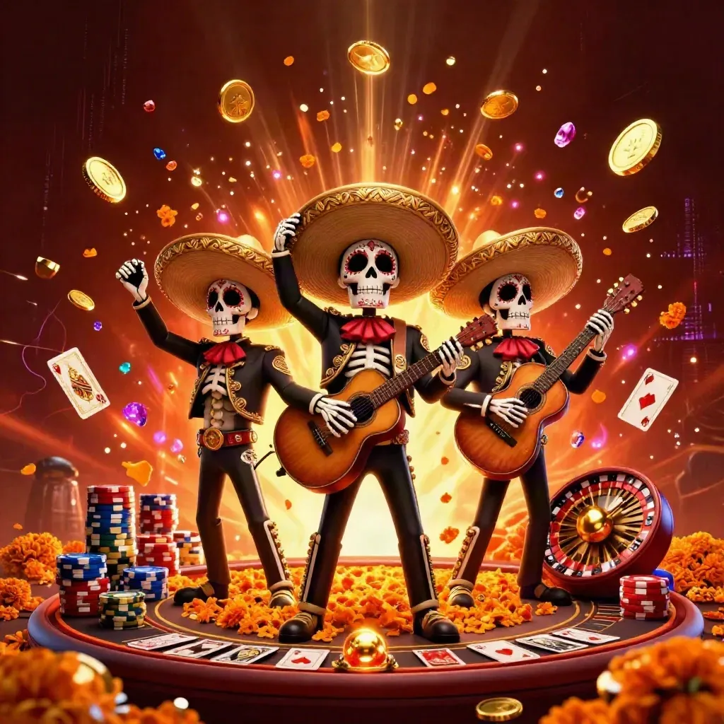 Skeleton mariachi trio amid exploding coins, vault glow, roulette spin, chips, cards, and embers