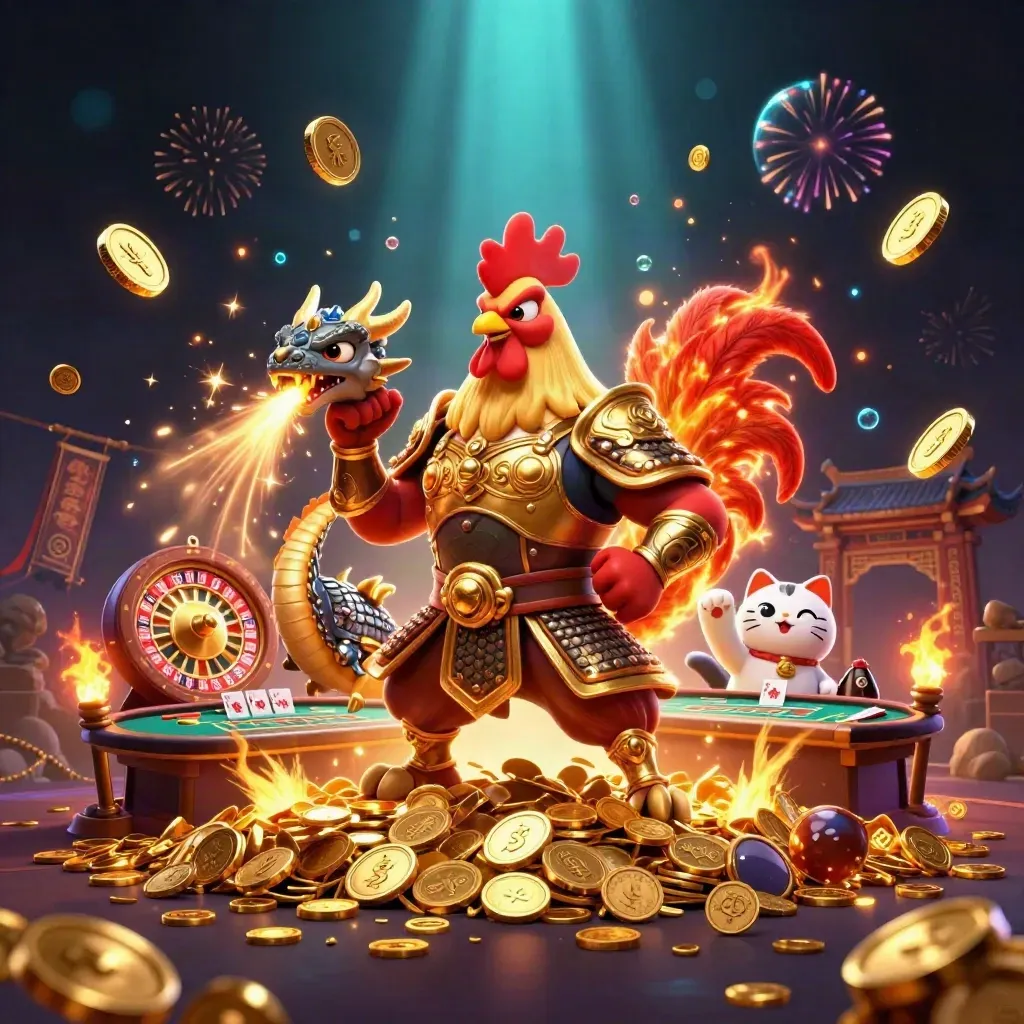Rooster warrior, dragon hatchling, and fortune cat amid bursting gold, coins, and casino magic.