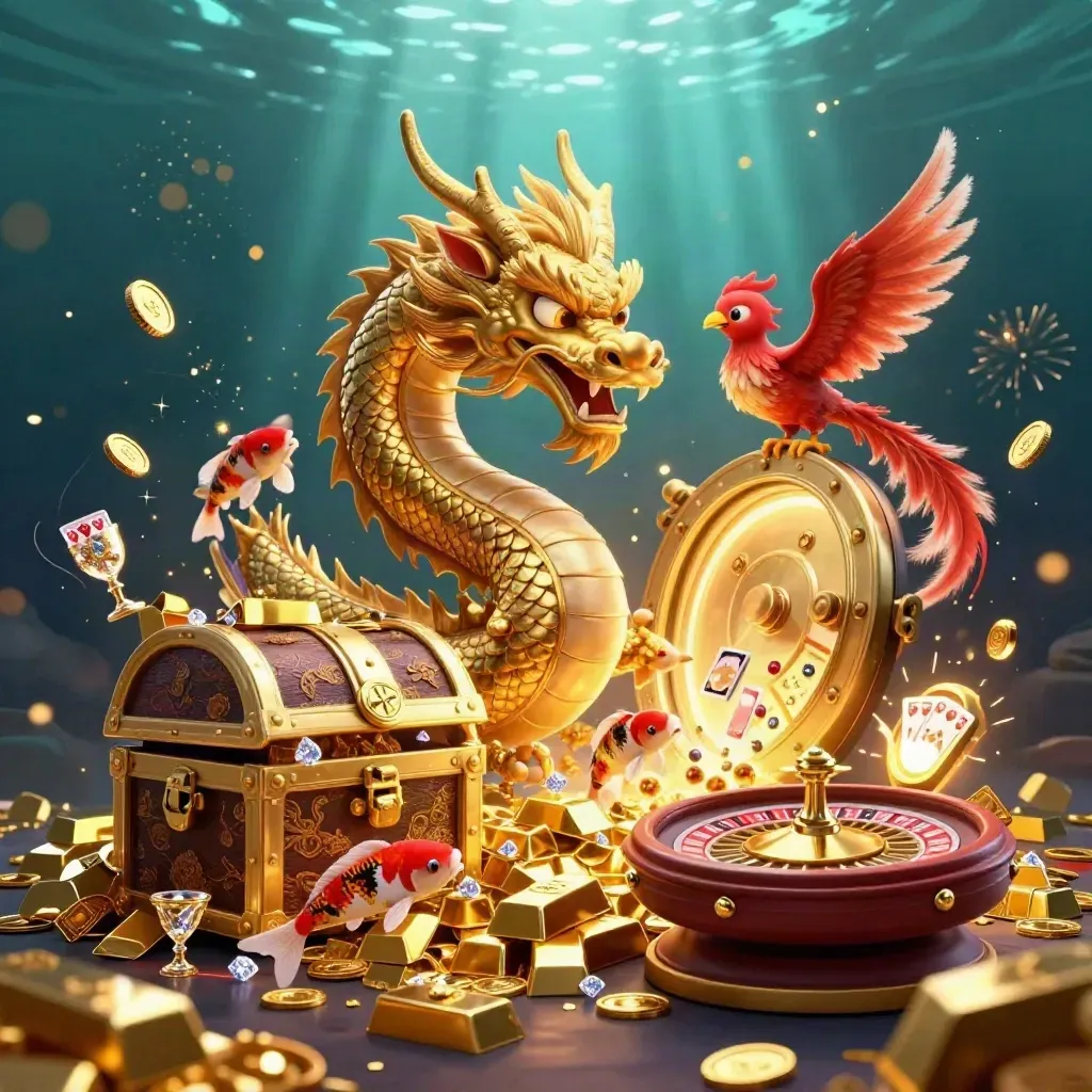 Golden dragon with phoenix and koi bursting from a glowing vault amid coins, gems, and casino gear.