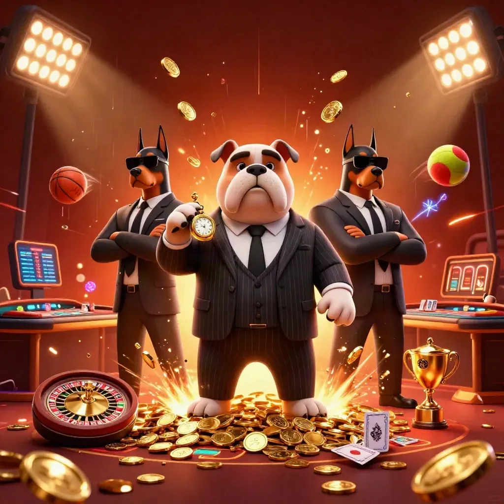 Bulldog mob boss and two Doberman guards amid exploding gold, casino wheels, and sports energy.