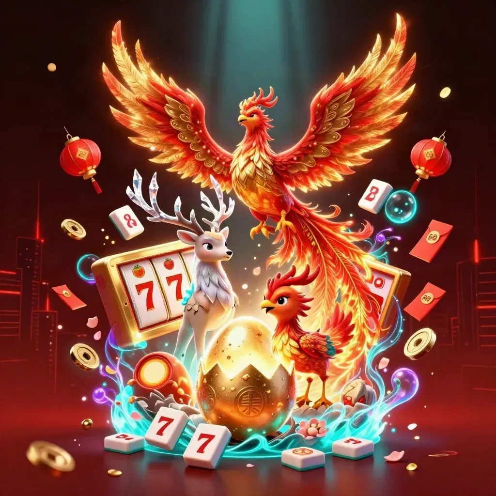 Crimson phoenix, hatching chick, and crystal stag amid casino symbols on a dark red glow.