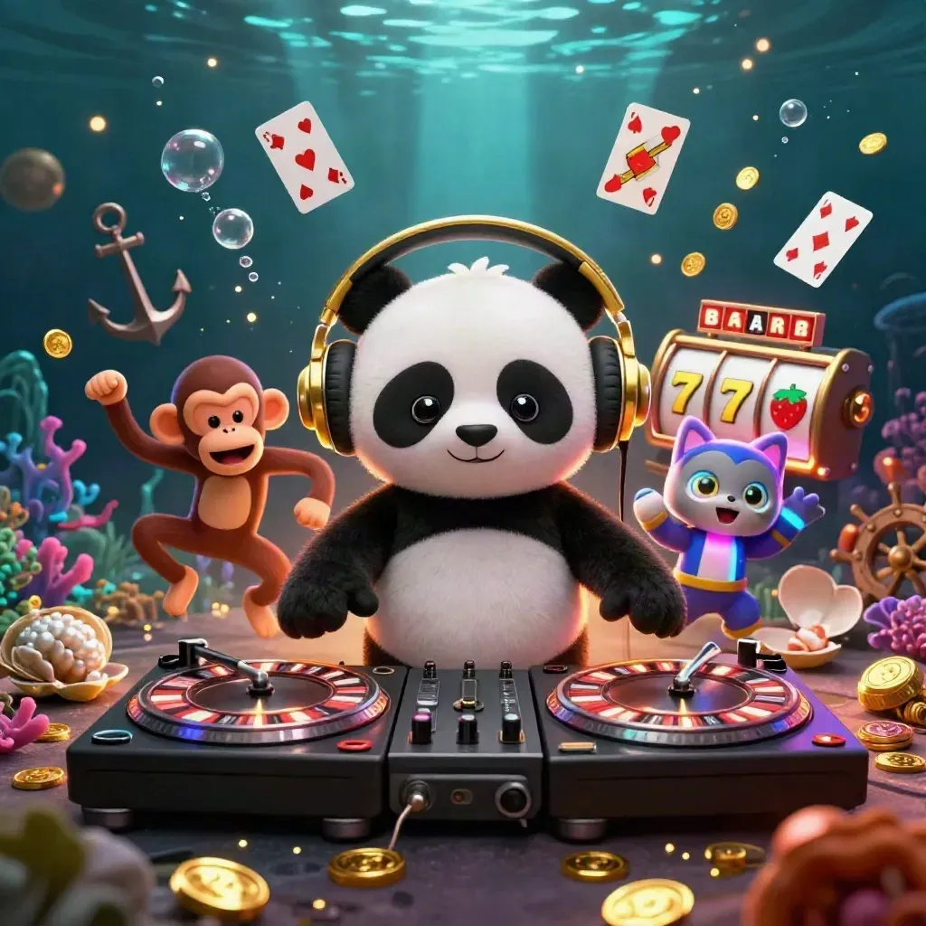 DJ panda, dancing monkey, and glow-stick kitten blast through an underwater casino treasure cove.