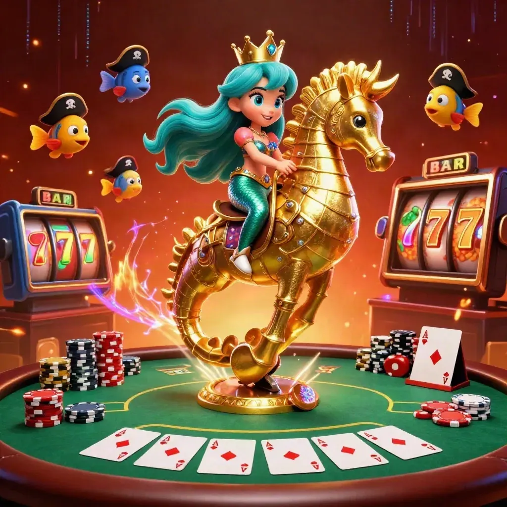 Mermaid princess rides a golden seahorse amid chips, cards, slot reels, and pirate fish.