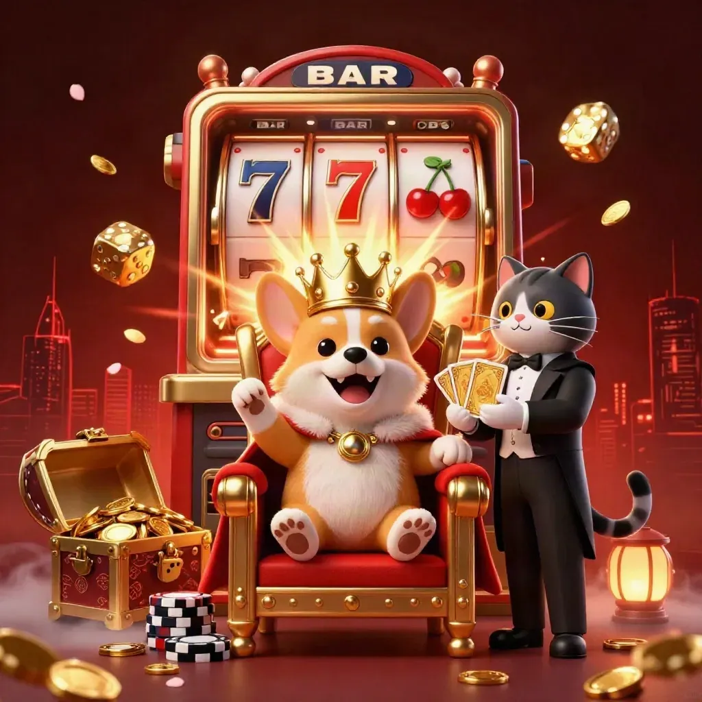 Royal corgi and cat butler amid exploding slot reels, gold, and crimson casino magic.