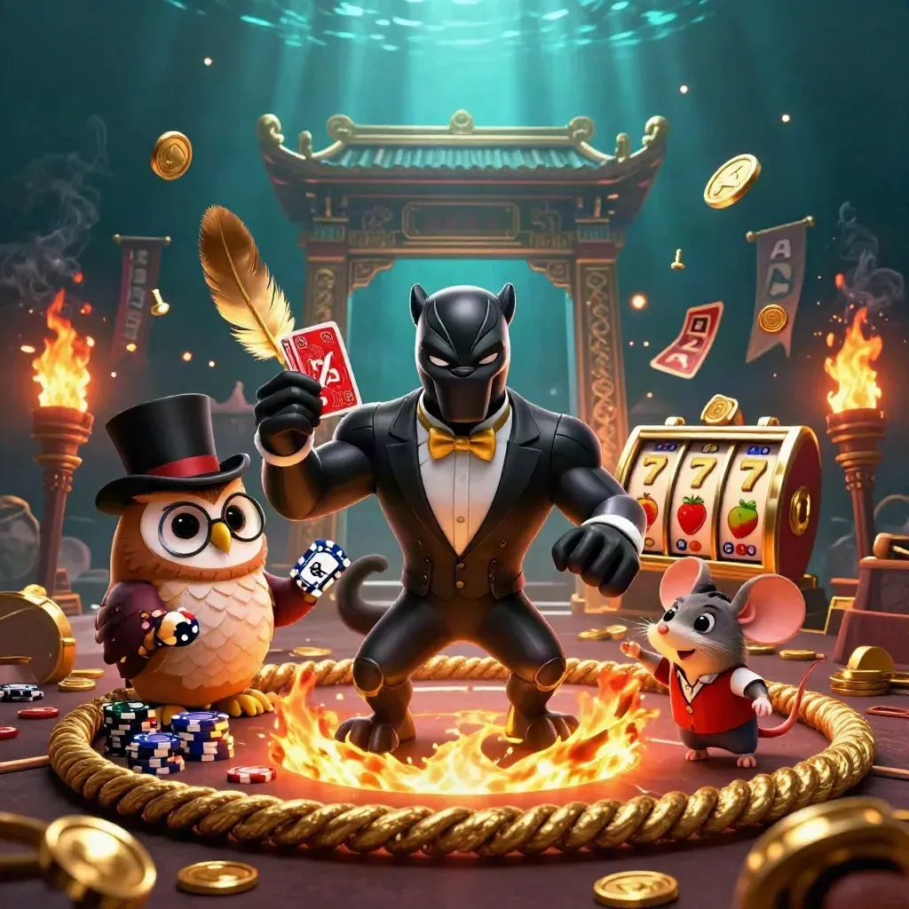 Black panther, owl and mouse casino heroes amid coins, reels, torches and crimson-gold smoke.
