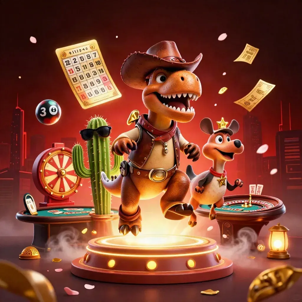 Cowboy T-Rex, cactus sidekick, and roadrunner amid casino wheels, cards, and gold sparks.