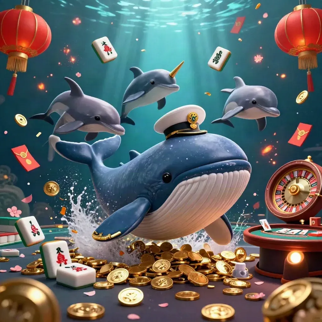 Whale captain, narwhal and dolphins burst through coins with casino lights and jackpot symbols.