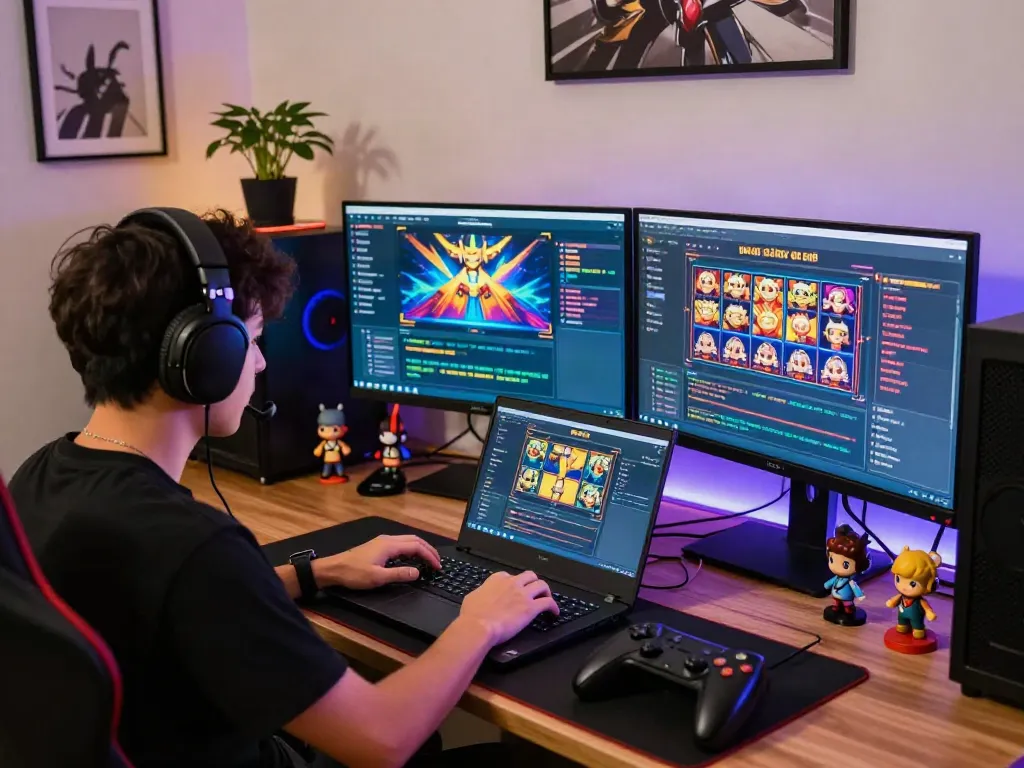 Engaging scene of a player immersed in slot online gacor gaming experience at their desk.