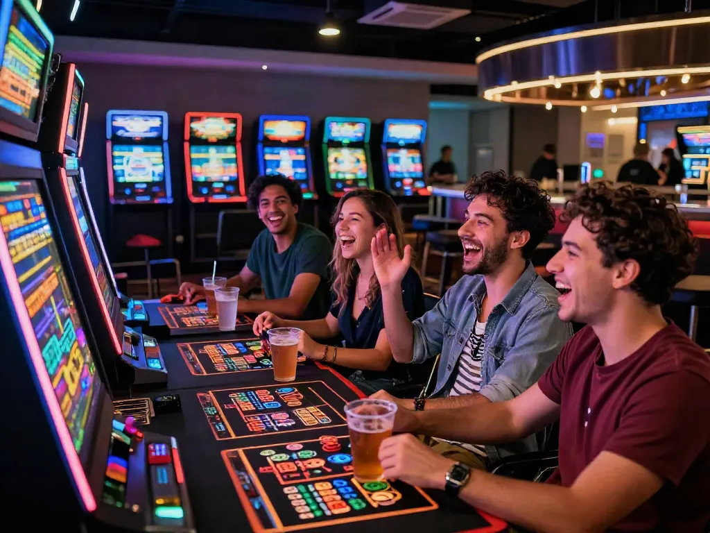 Group enjoying akunjp gaming experience at a vibrant lounge.