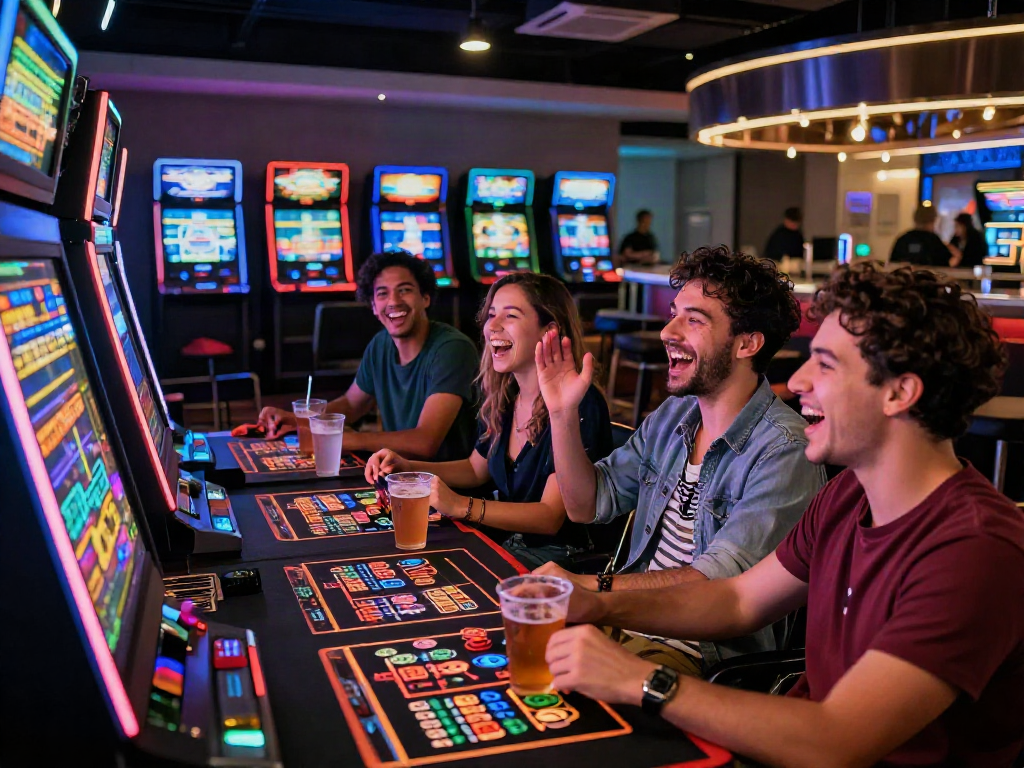Group enjoying akunjp gaming experience at a vibrant lounge.