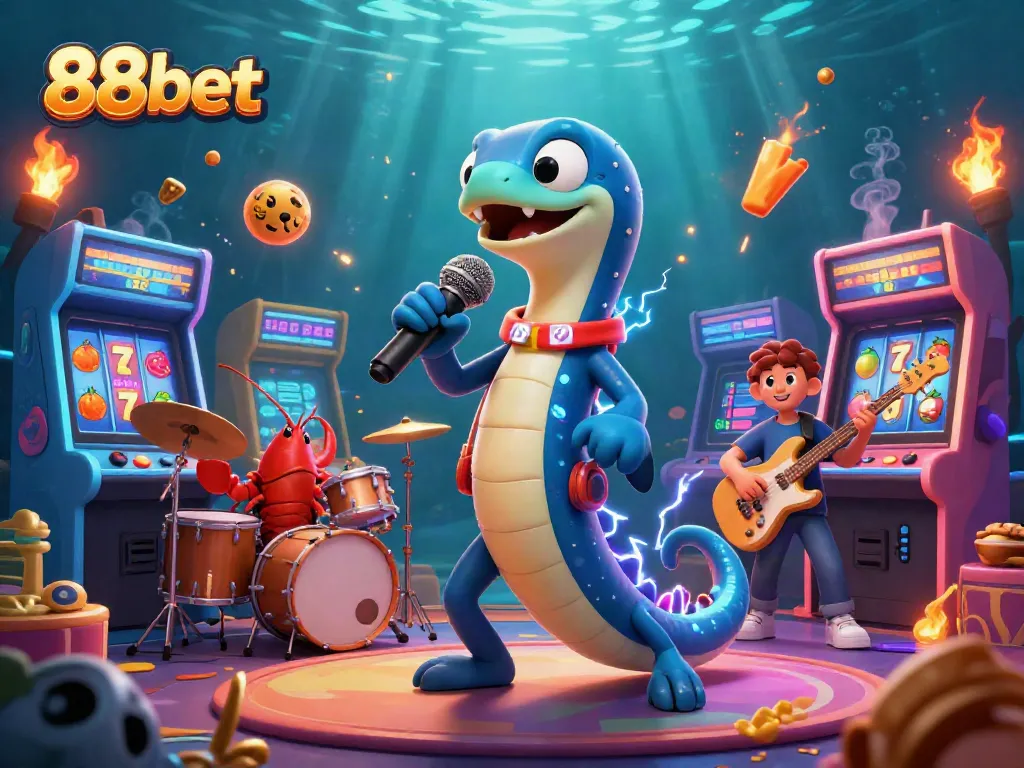 88bet lively underwater casino scene featuring a DJ electric eel surrounded by gaming elements.