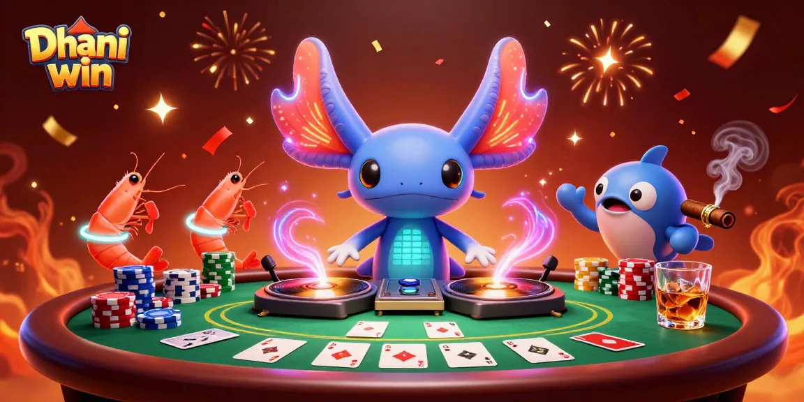 Engage in thrilling gameplay with Dhani win featuring vibrant axolotl DJ and poker elements.