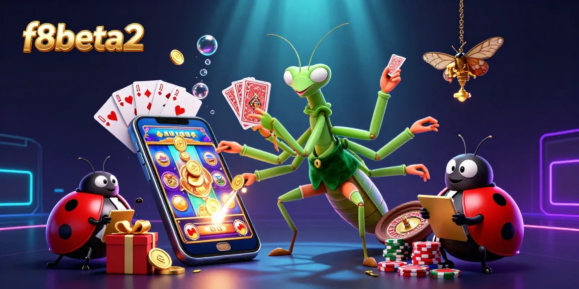 Engage with f8beta2's vibrant casino scene showcasing a giant praying mantis card sharp, vibrant slot games, and golden coins.