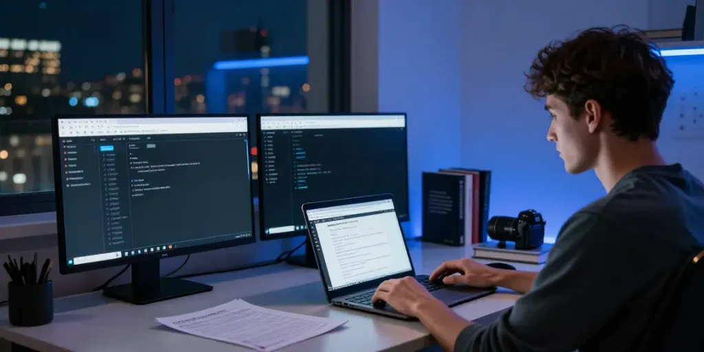 Tech user navigating the hidden wiki on dual monitors in a cozy urban workspace.