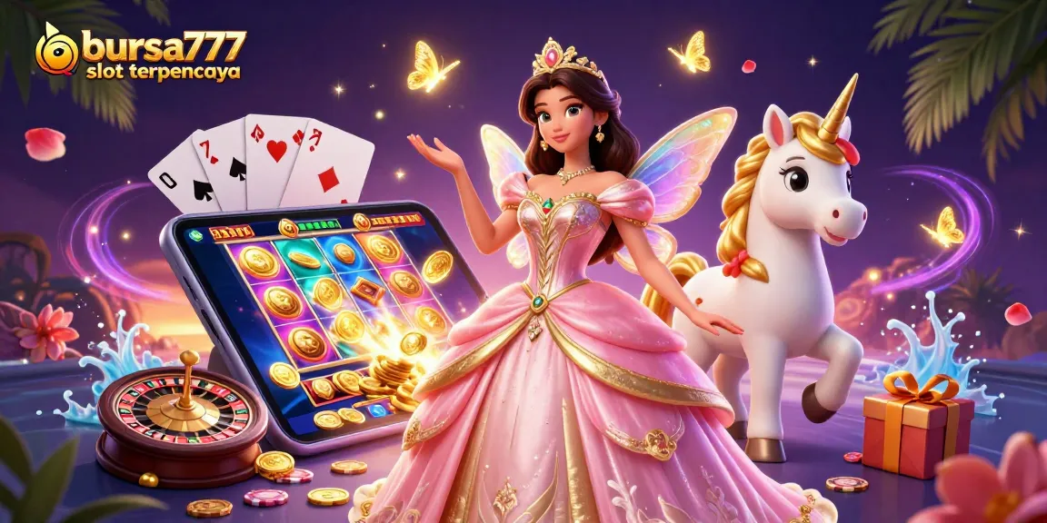 Bursa777 slot terpercaya showcases a magical scene with a glamorous woman, golden unicorn, and dynamic slot game elements.