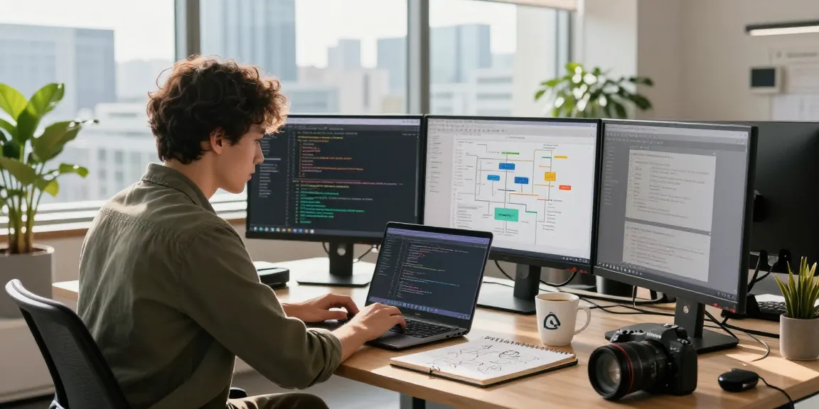 Lingkungan pengembangan perangkat lunak di https://miami4d.com/ dengan insinyur perangkat lunak bekerja di laptop dan kode yang ditampilkan di monitor.