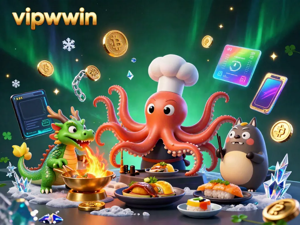 Engage with vipwwin's vibrant 3D casino illustrations showcasing an octopus chef and crypto elements.