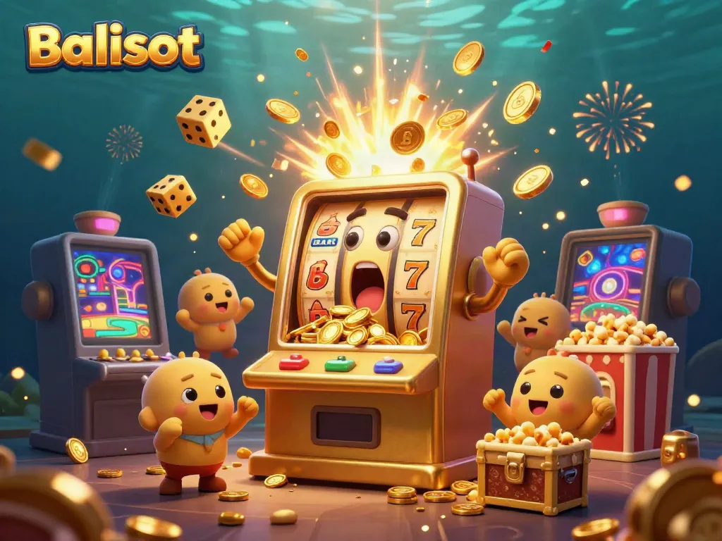 Balislot jackpot celebration with a cheerful slot machine and golden coins raining down.
