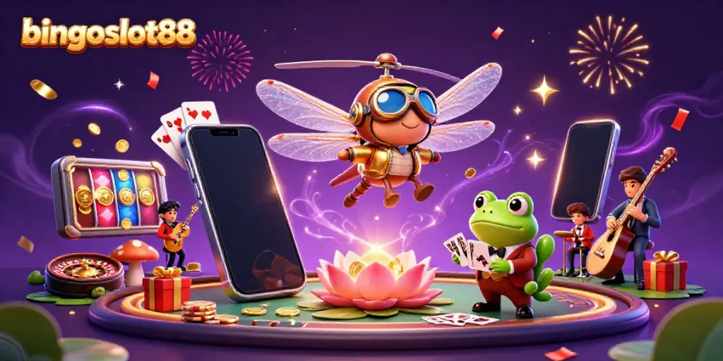 Menghadirkan bingoslot88, ilustrasi 3D kasino yang menyenangkan dengan makhluk kartun dan elemen permainan.