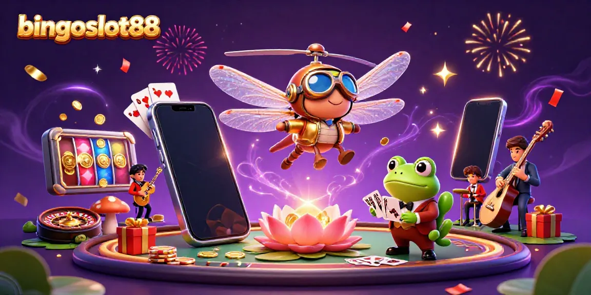 Menghadirkan bingoslot88, ilustrasi 3D kasino yang menyenangkan dengan makhluk kartun dan elemen permainan.