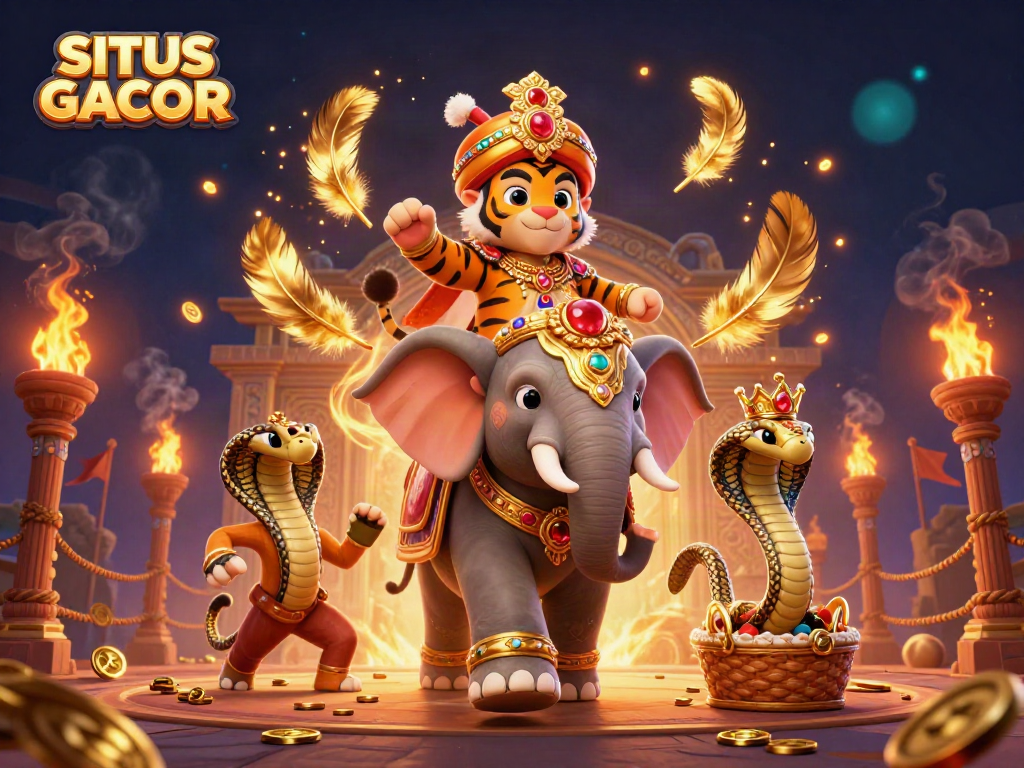 SITUS GACOR showcases dynamic casino action with a 3D cartoon maharaja, elephant, and cobra amid gold and ember elements.