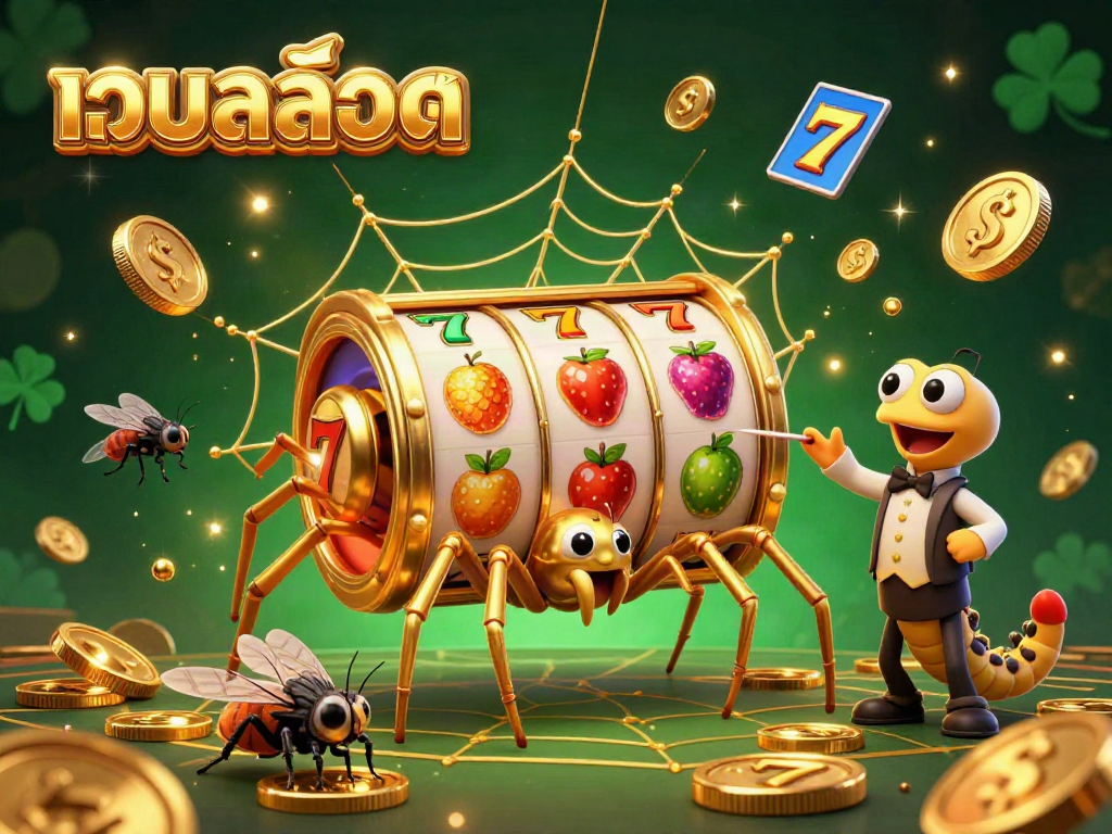 Spin and win with เว็บสล็อต as a golden spider showcases a magical slot reel in a dynamic casino scene.