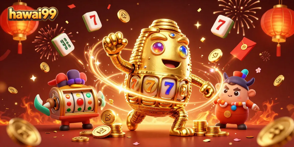 Join the excitement at hawai99 with golden golems, slot reels, and festive elements in a vibrant 3D scene.