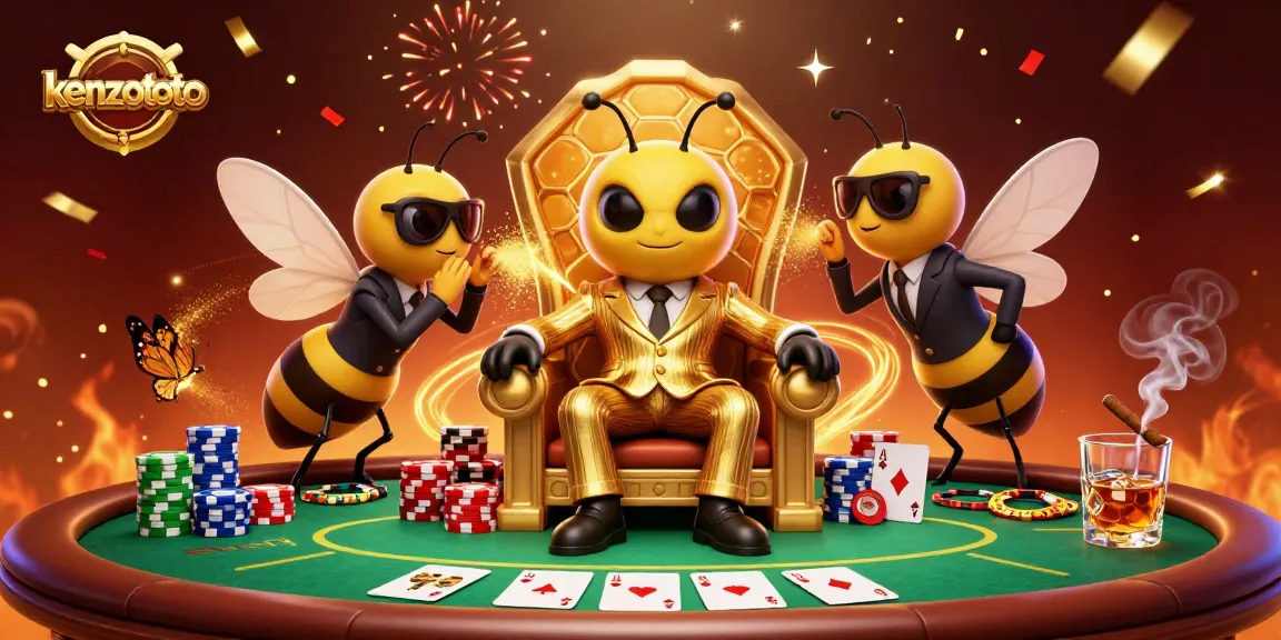 Kenzototo showcases thrilling poker action with a 3D bumblebee mob boss in a vibrant casino scene.