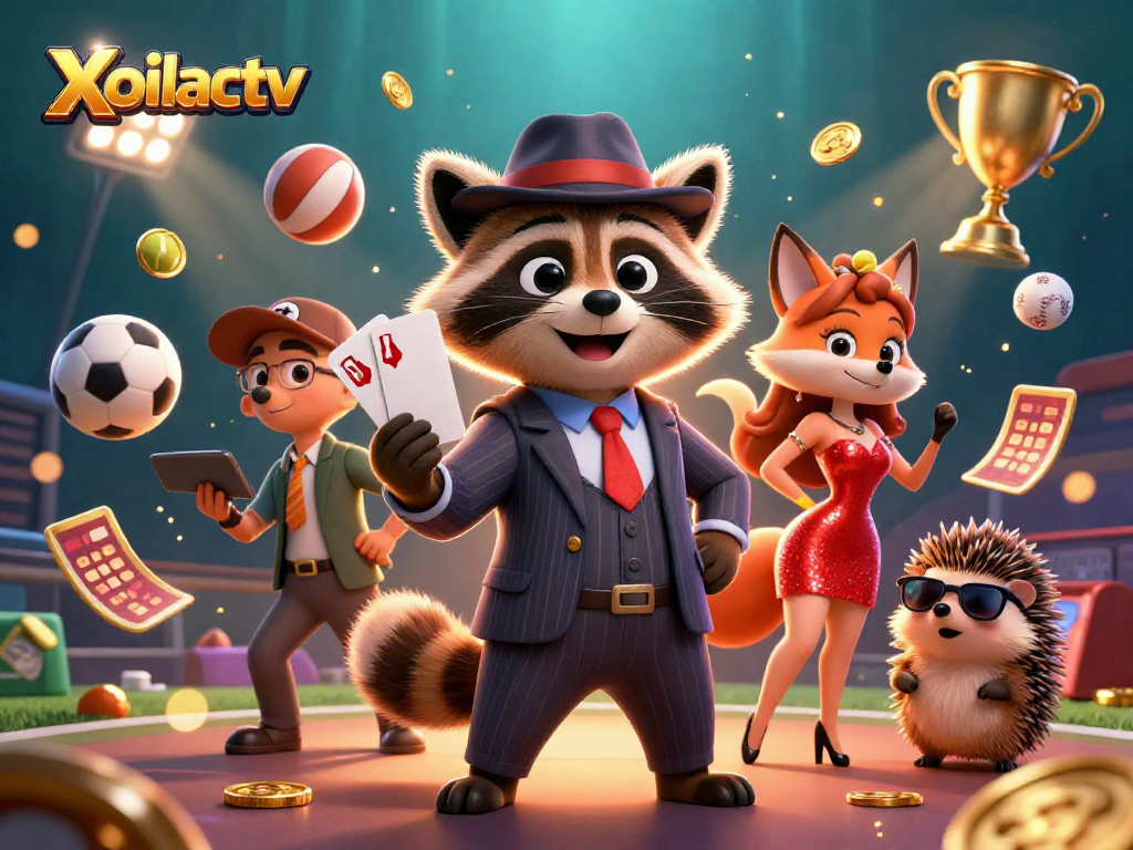 Xoilactv features a suave raccoon, charming fox, and hedgehog in a dynamic sports betting scene.