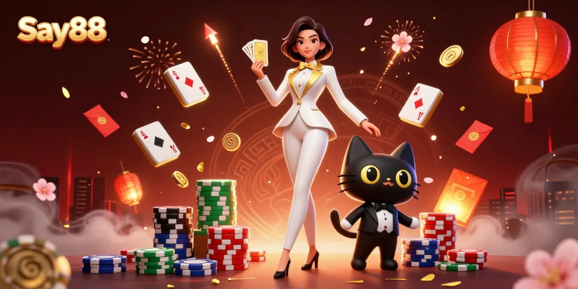 Say88 showcases thrilling gaming with a stylish tuxedoed woman shuffling cards amidst vibrant casino elements.
