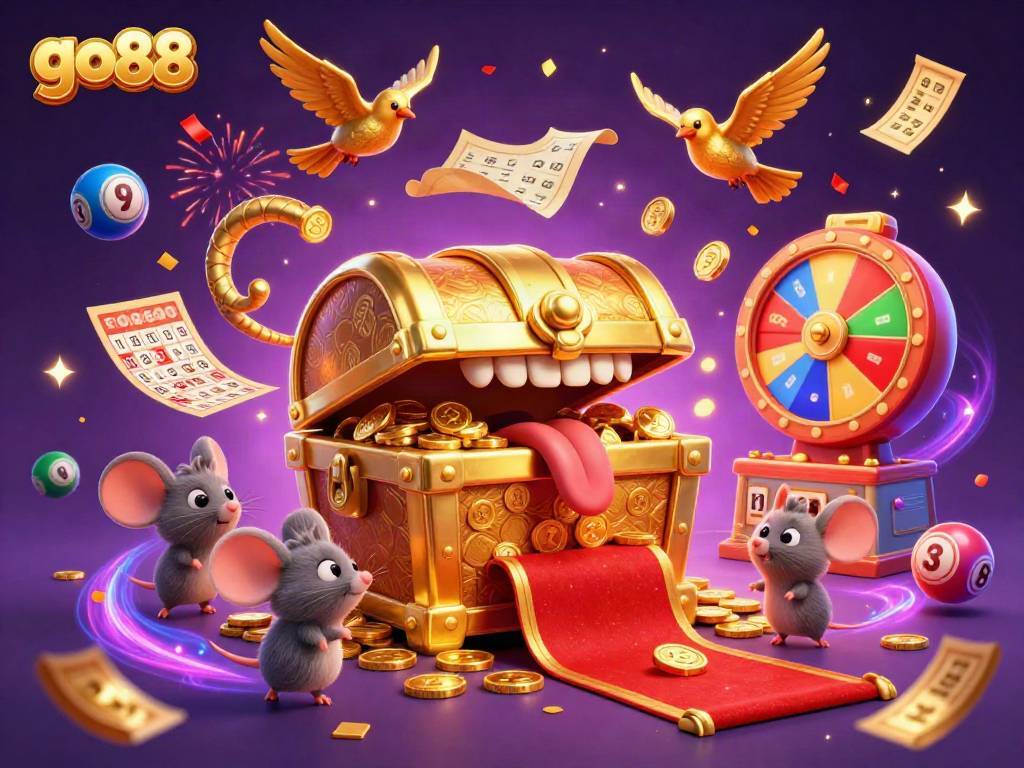 Go88 delights players with vibrant lottery balls, confetti, and a treasure chest, promising rewarding gaming.