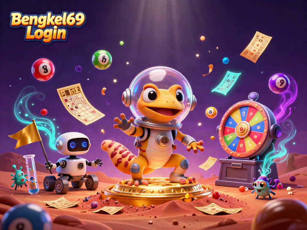 Engage with the exciting Bengkel69 Login scene portraying a Martian gecko discovering a golden casino.