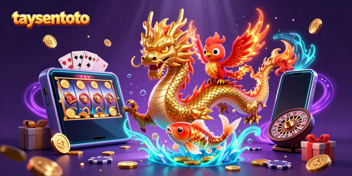 Taysentoto showcases an exciting slot gaming scene with a dragon, phoenix, and koi surrounded by rich casino elements.
