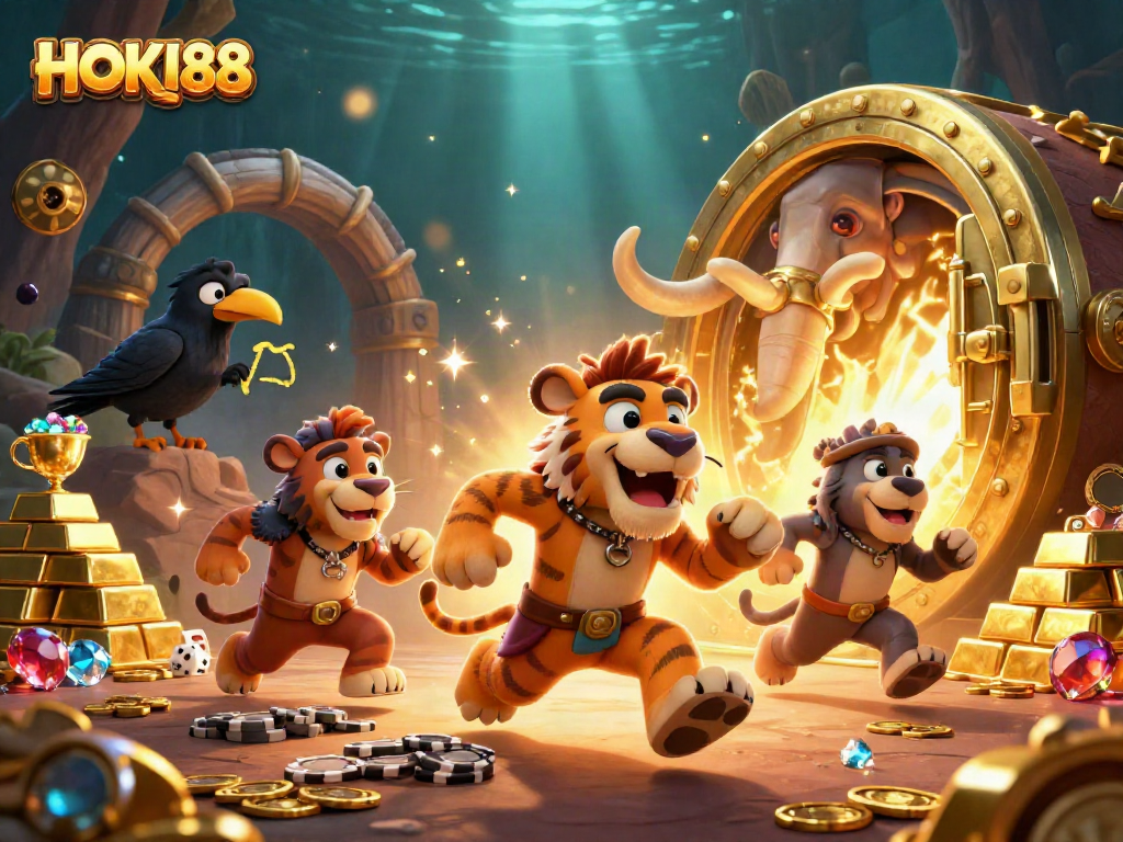 Join the action at HOKI88 with a vibrant prehistoric casino scene filled with treasures and excitement.