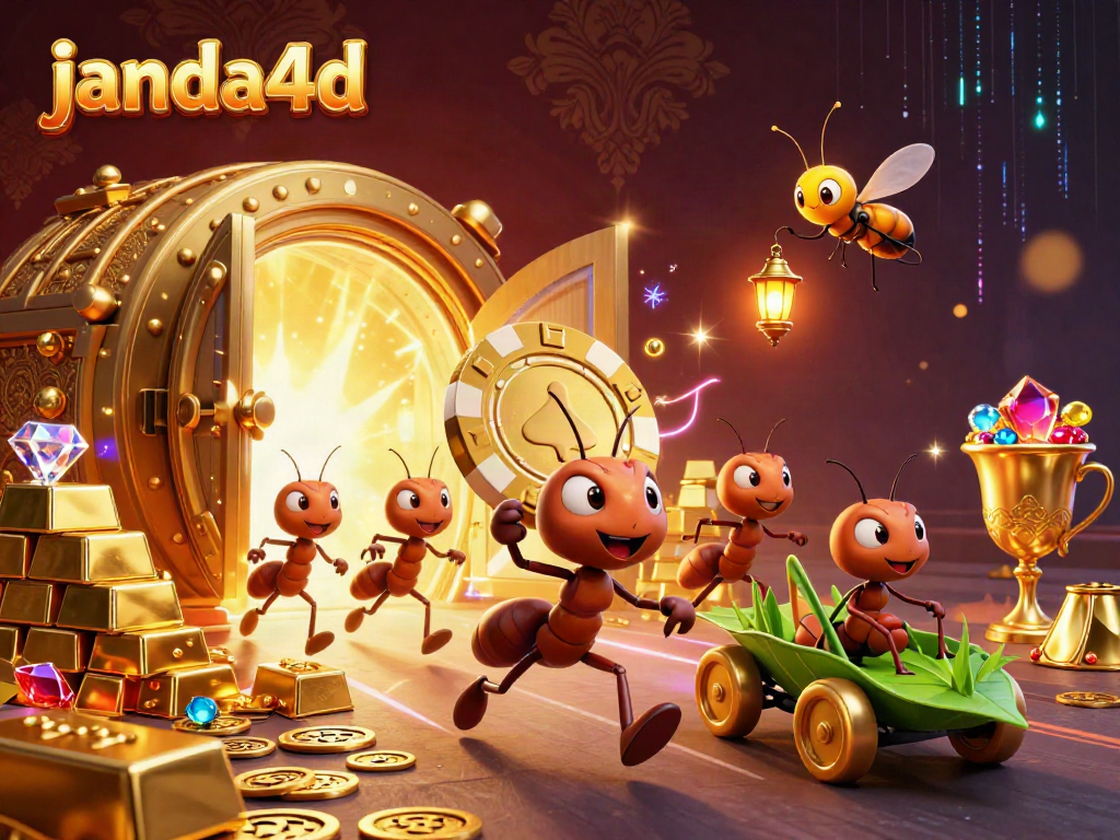 Janda4d menghadirkan tim semut kartun beraksi membawa chip poker emas raksasa di dunia judi online.