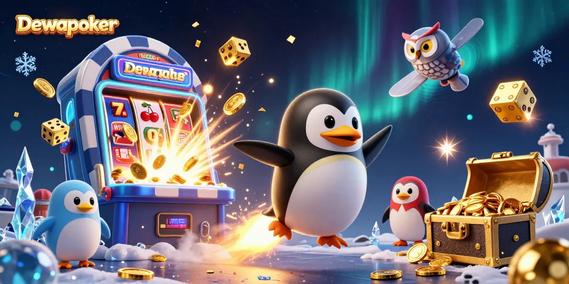 Dewapoker offers a dynamic gaming experience with a golden penguin, slot machines, and casino elements.