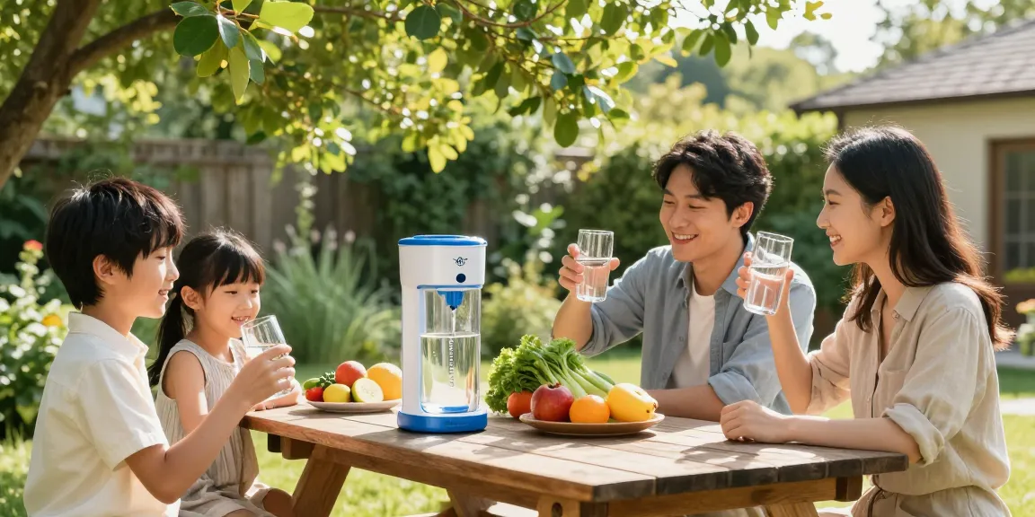 Family enjoying fresh water from the Waterdrop Gravity-fed Water Filter System in a sunny garden setting.