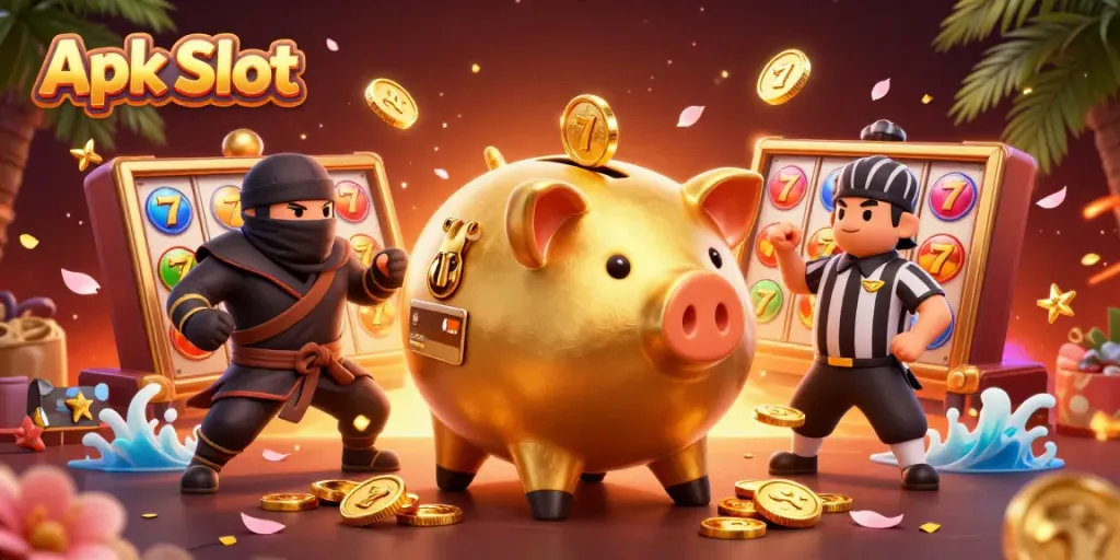 Menangkan jackpot di Apk Slot yang dikelilingi koin emas dan elemen permainan slot yang menarik.
