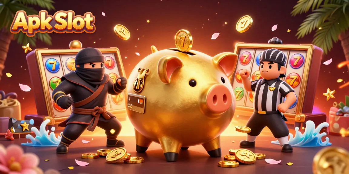 Menangkan jackpot di Apk Slot yang dikelilingi koin emas dan elemen permainan slot yang menarik.