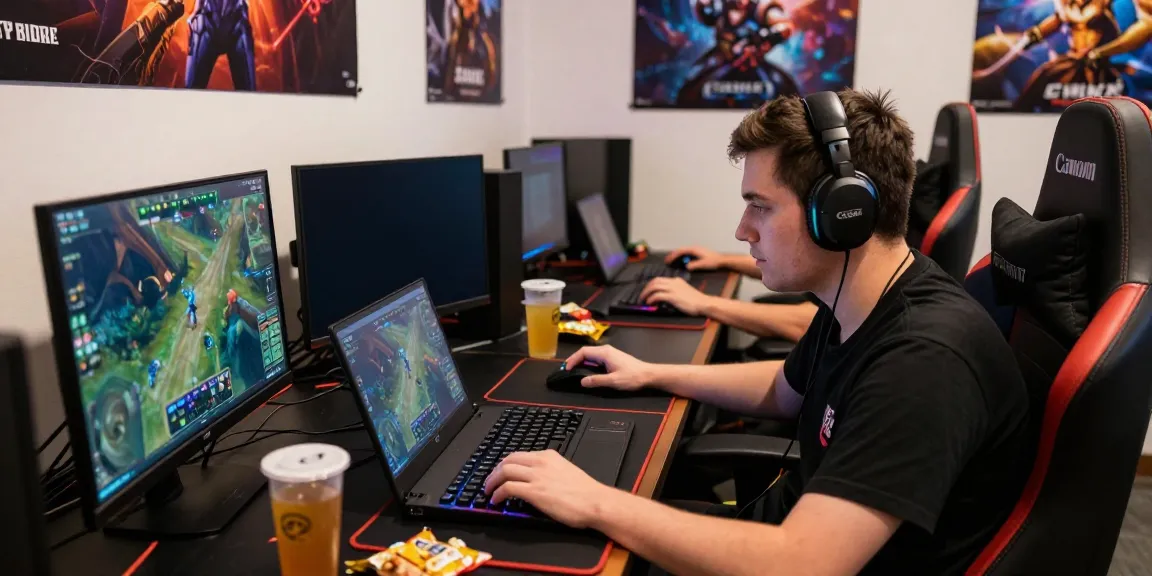 Esports gamer analyzing luxury111 game statistics surrounded by monitors and RGB lights.