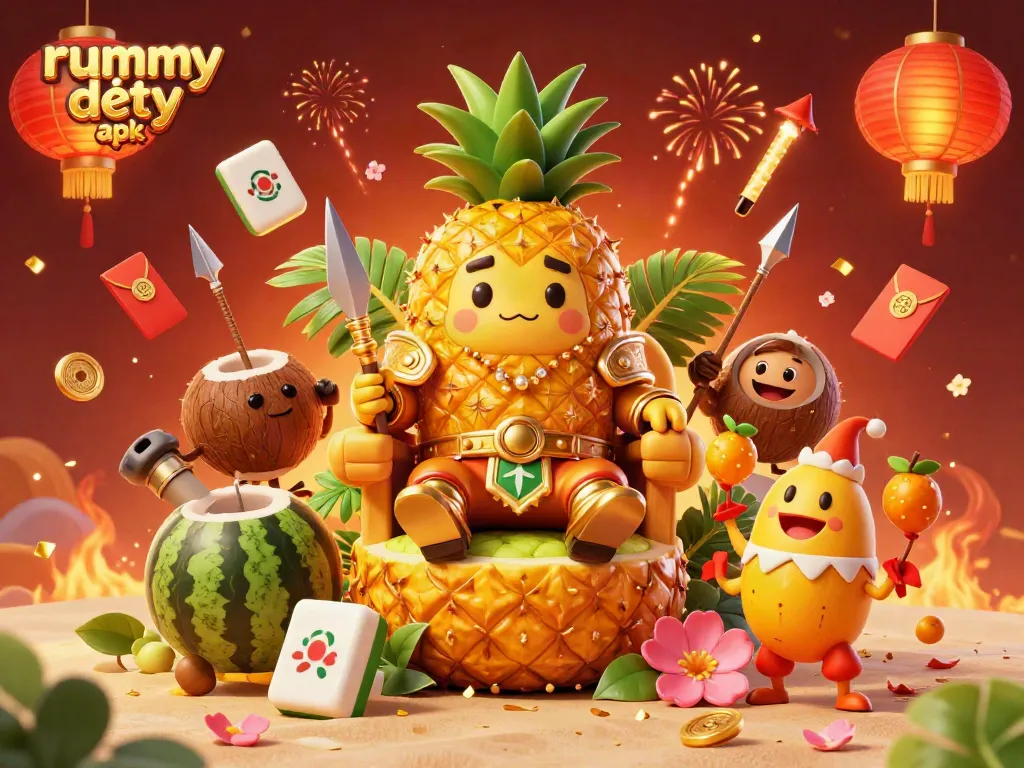 Rummy Deity apk menghadirkan karakter raja nanas kartun 3D dalam suasana kasino pantai yang meriah.