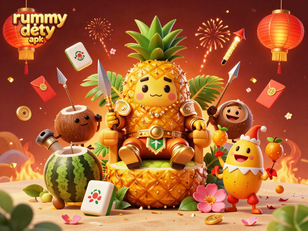 Rummy Deity apk menghadirkan karakter raja nanas kartun 3D dalam suasana kasino pantai yang meriah.