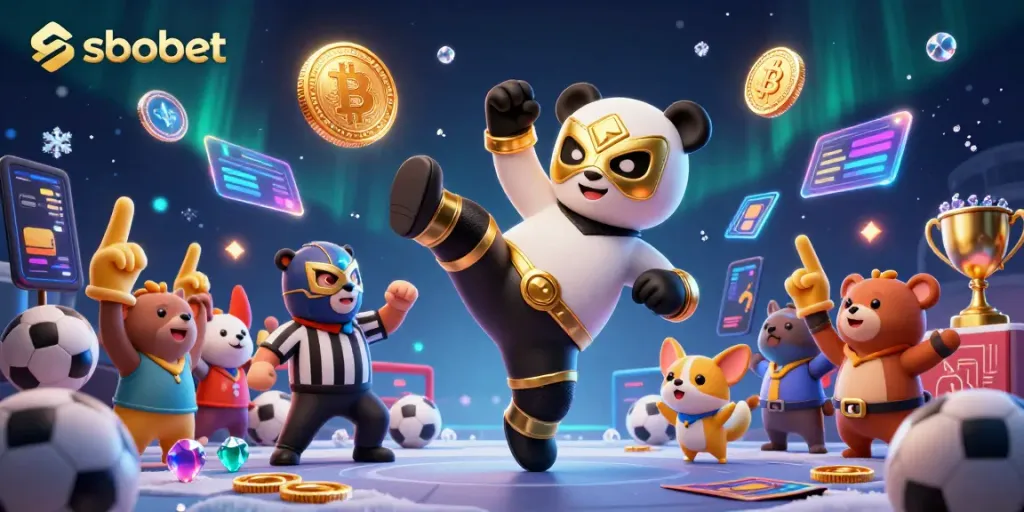 Experience sbobet sports betting with an energetic panda wrestler and cheering animal crowd.