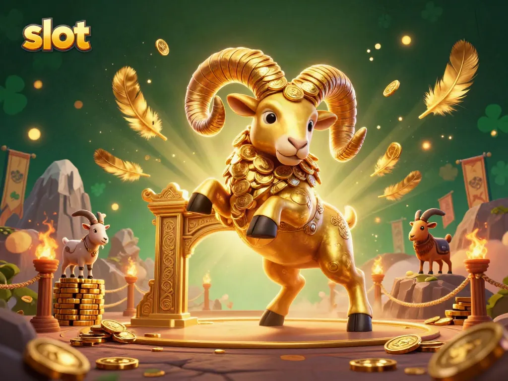 Menghasilkan slot jackpot dengan ram emas yang menabrak gerbang, dikelilingi efek koin dan partikel menyala.